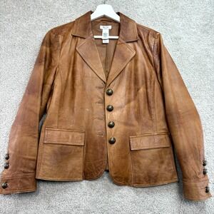 Liz & Co Genuine Leather Jacket Womens L Petite Brown Y2K Cowgirl Fall Distresss